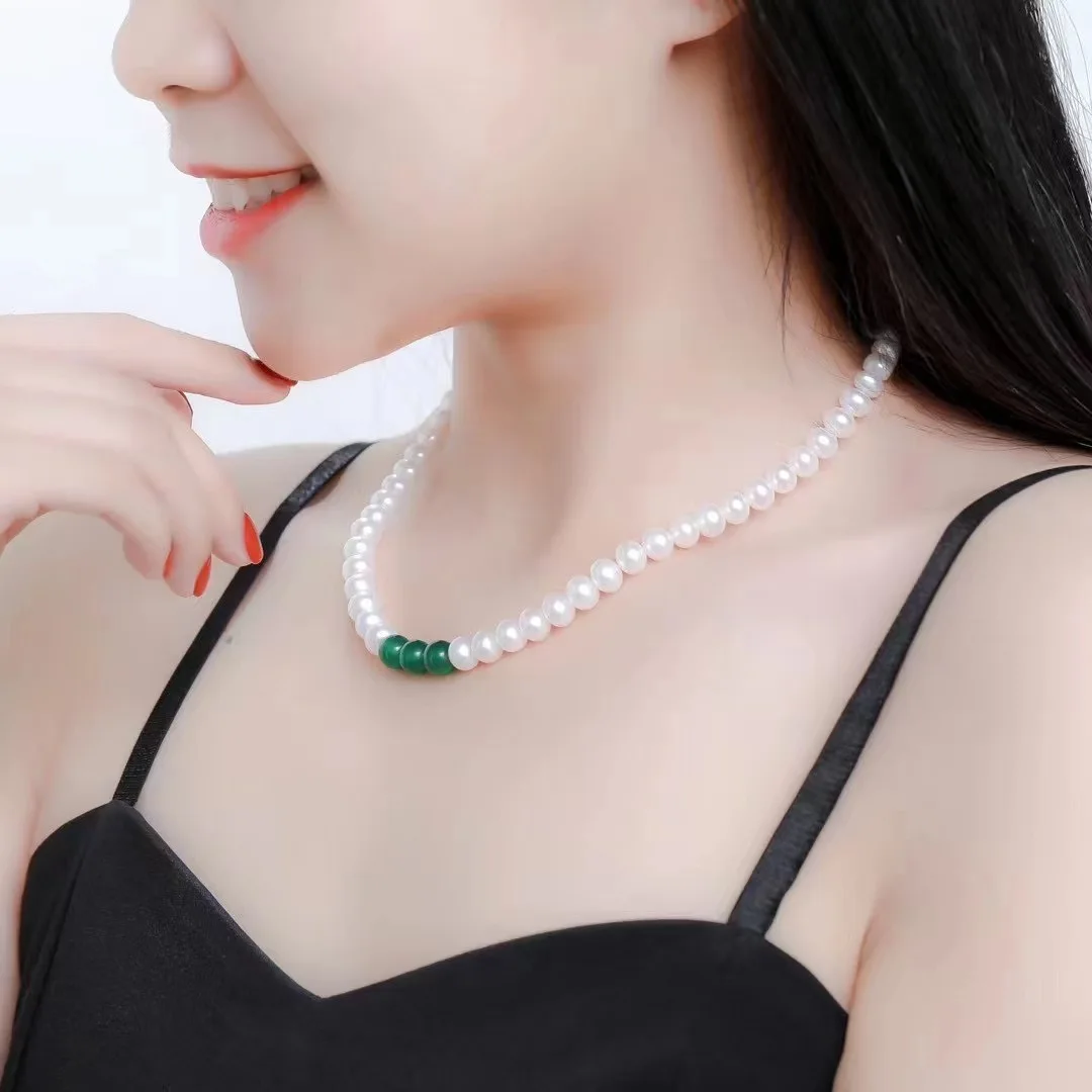 6-7mm AAA+ South Sea Pearl Necklace 18 Inch Length Customized Near Round High-end Real Natural Green Jade  Apply Any Occasion