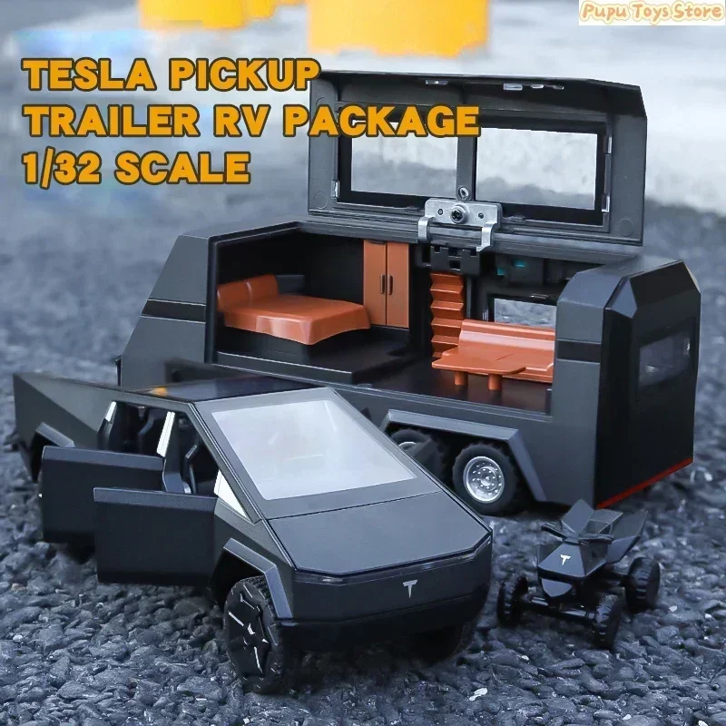 Новый прицеп Tesla Cybertruck 1:32, модель автомобиля из сплава, литая металлическая игрушка, модель внедорожника, модель грузовика со звуком и фотографией, детские подарки