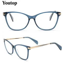Women Cat eye Optical Eyeglass Frames for Women Metal Glasses Frame Round Retro Blue Brown Leopard Print Prescription Spectacles
