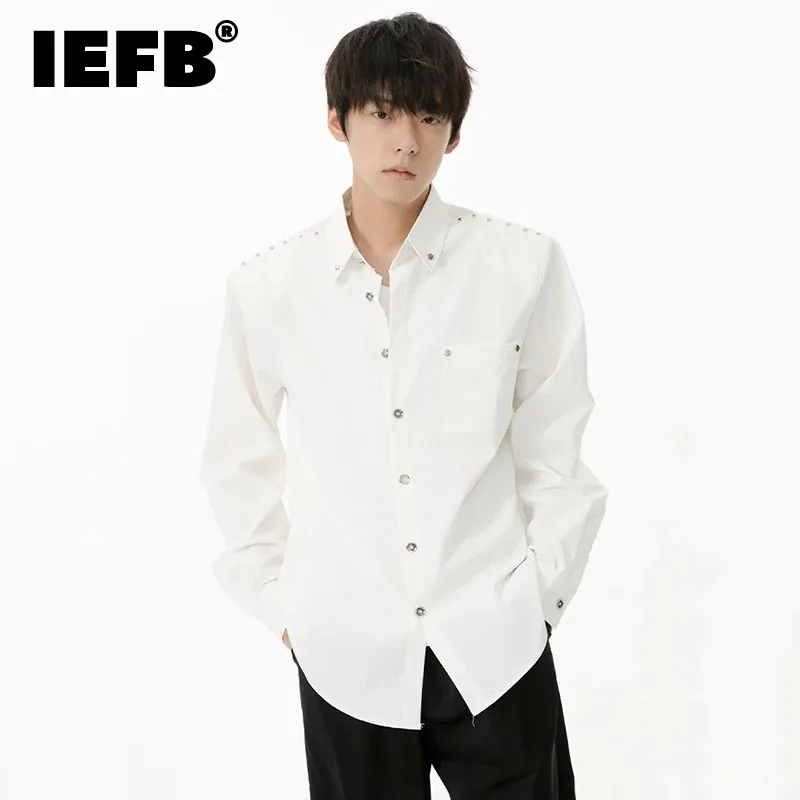 

IEFB Niche Design Men's Shirts Metal Button Design Shoulder Pads Casual Lapel Long Sleeve Male Tops New Fashion Menwear 9C6922