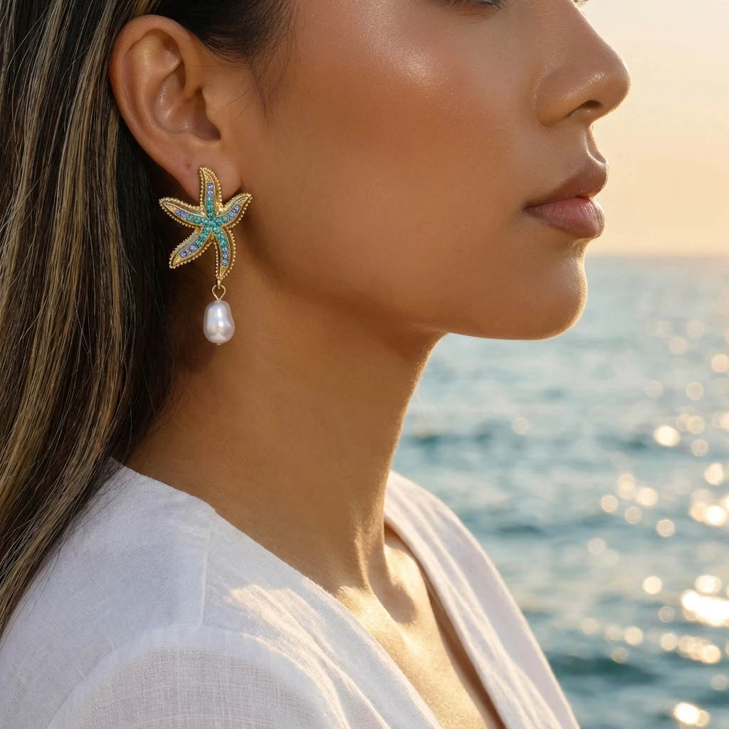 

Mermaidcore Festival Drop Earrings for Women Blue Starfish Baroque Imitation Pearl Drop Dangle Coastal Earrings Summer Jewelry
