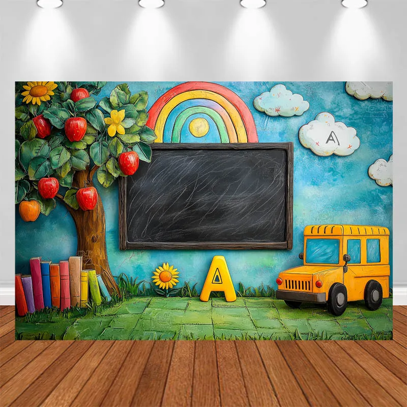 

LS Cartoon Photography Background Blackboard Apple Tree Car Decor Cake Smash Birthday Kids Portrait Photo Backdrop Studio