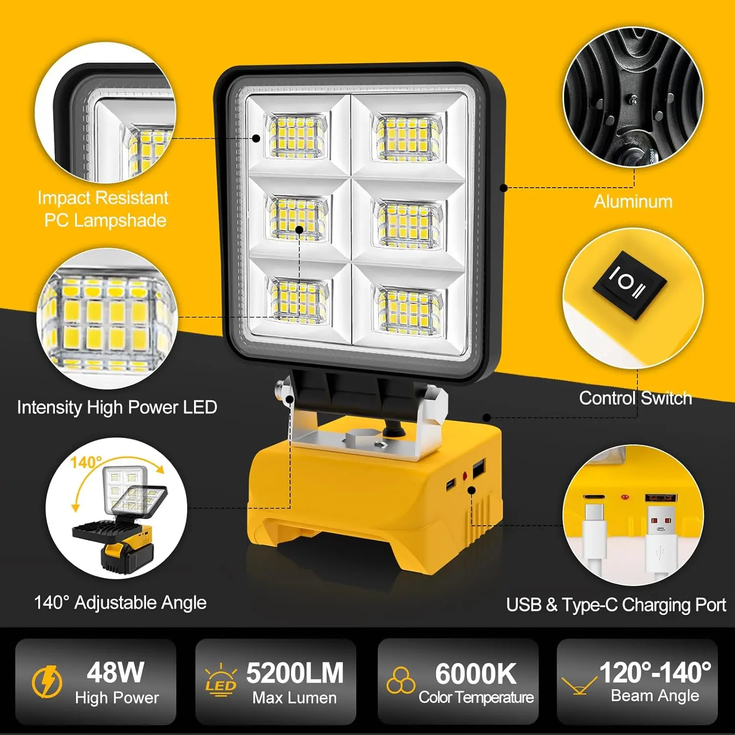 5200LM ポータブル 48 ワット LED ワークライトコードレスワークライト調節可能なベース充電式 LED フラッドライト DeWalt 用バッテリーなし
