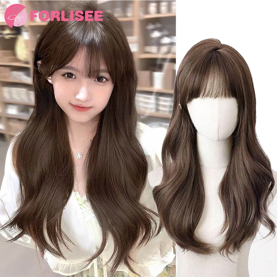 

FORLISEE 23-inch Long Curly Hair Synthetic Fluffy Atmosphere Natural Full Bangs Long Curly Chemical Fiber Heat-resistant Wig