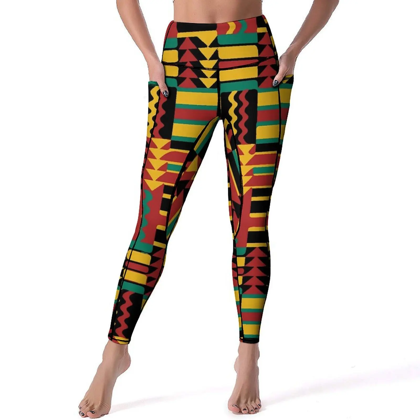 Kente-Pantalon de yoga géométrique vintage, leggings graphiques, collants de sport, collants push-up, sexy, rétro, couleurs Rasta, mode