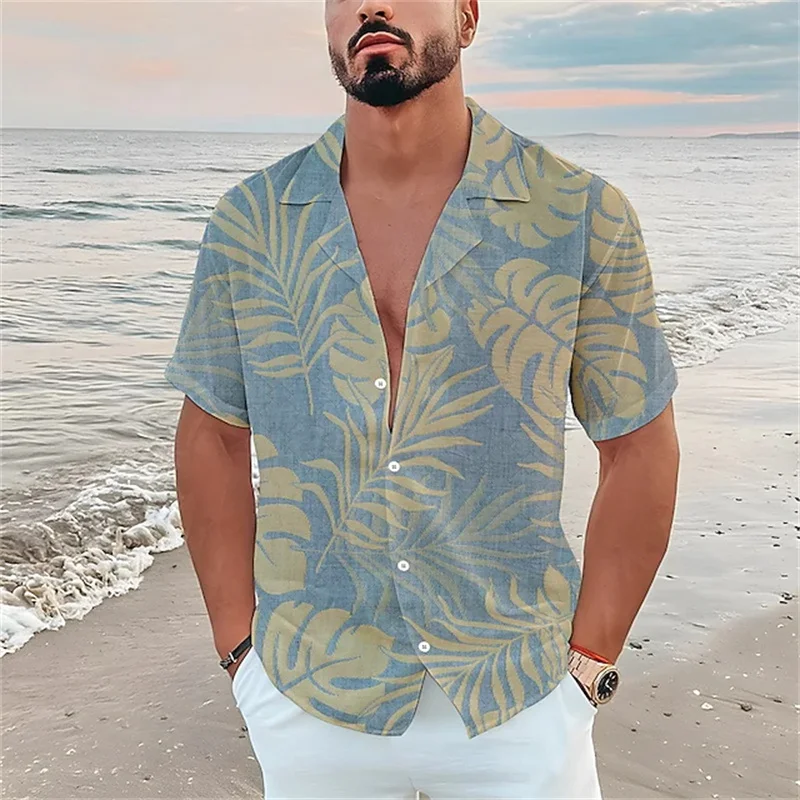 New men's Hawaiian shirt flower graphics 3D printing light yellow short-sleeved cardigan clothes tropical beach T-shirt SX-5XL