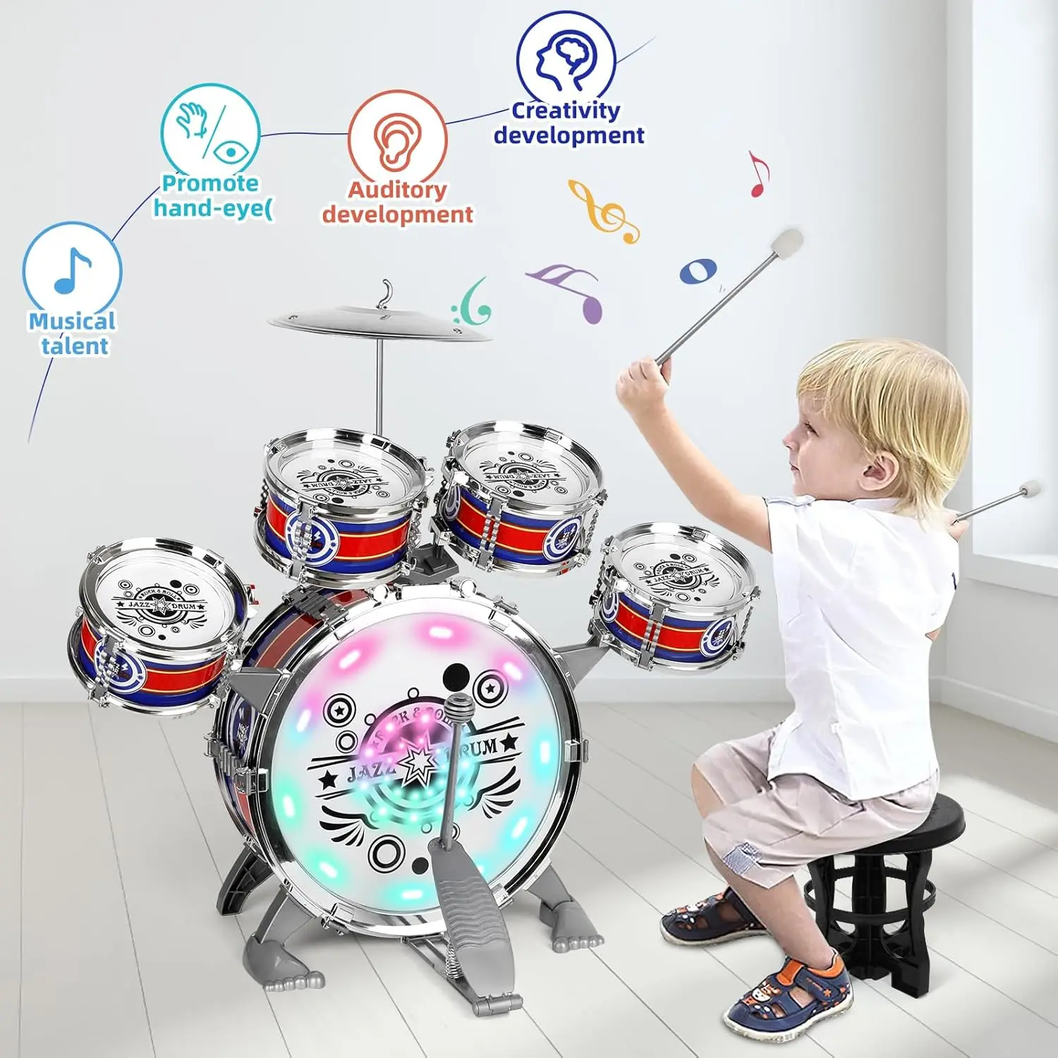 Ensemble de batterie Mini Jazz avec tabouret, instruments de musique, jouet pour garçons et filles, cadeau d'anniversaire pour débutants, lumière LED, 6 tambours