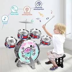 Mini Jazz Drum Set 6 Drums with Stool Musical Instruments Toy Birthday Gift for Beginners Boys Girls (with LED Light)