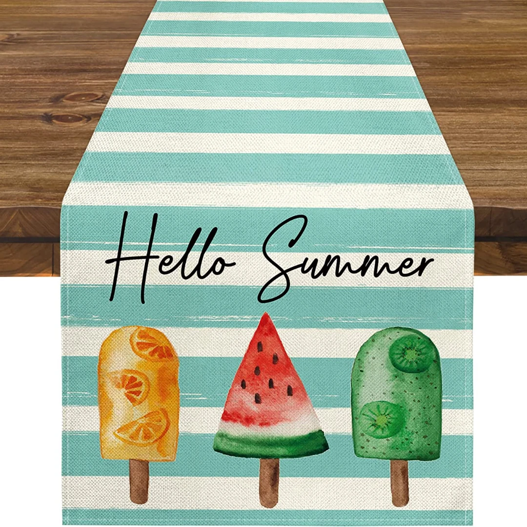 Hello Summer Ice Cream Table Runner Sandy Beach Holiday Party Decoration cloth Kitchen Dining  Home Decor  Cover