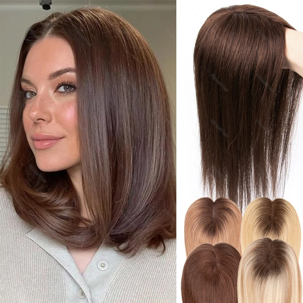 ブラウン人毛ヘアピース 02 04 本物の自然なクリップインヘアピース 5x5インチ モノラル大型ベース 46g 手植え 12インチ 30cm