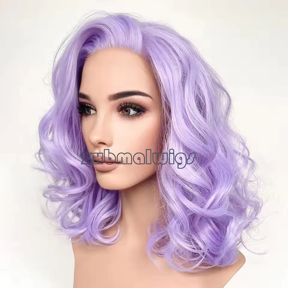 Synthetic Hair Wavy Light Purple Wave Glueless 13X4  Lace Front Wig For Women Preplucked   Heat Temperature Fiber Daily Cosplay