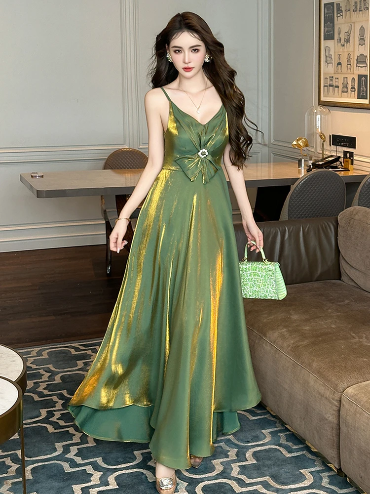 Celebrity Elegant Sexy Dresses Woman Shinny Green Strap Bow High Waist Long Gown Female Holiday Beach Robe Party Club Vestidos