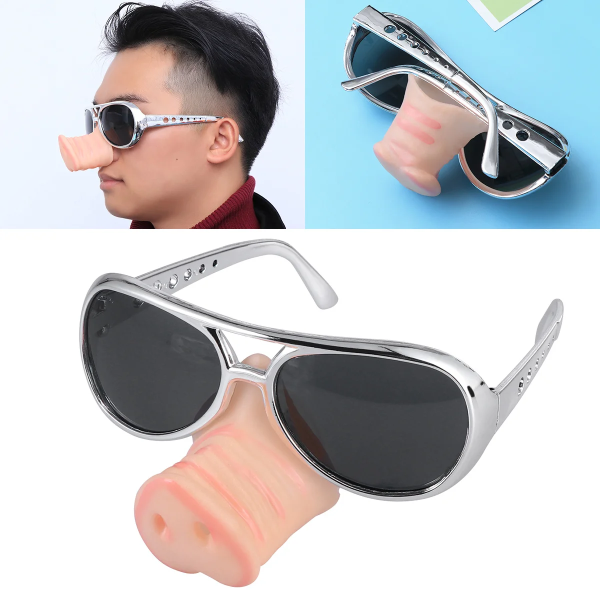 Pig Nose Glasses Silver Funny Halloween Party Sunglasses Costume Prop Piggy Snout Eye-Catching Party Favor Pig Nose Glasses