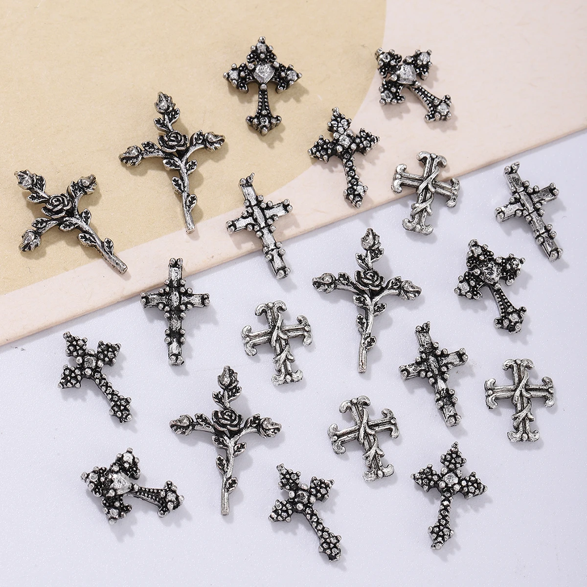 50pcs ancient silver punk wind cross nail decoration, alloy rhinestone, y2k metal style DIY nail styling decoration