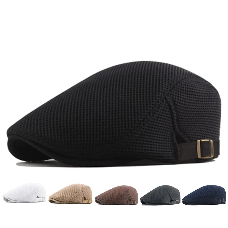 Herren Mesh Newsboy Caps Britische Malerhüte Frühling und Sommer Belüftete Baskenmützen Verstellbare Flache Mützen Hip-Hop-Baskenmützen
