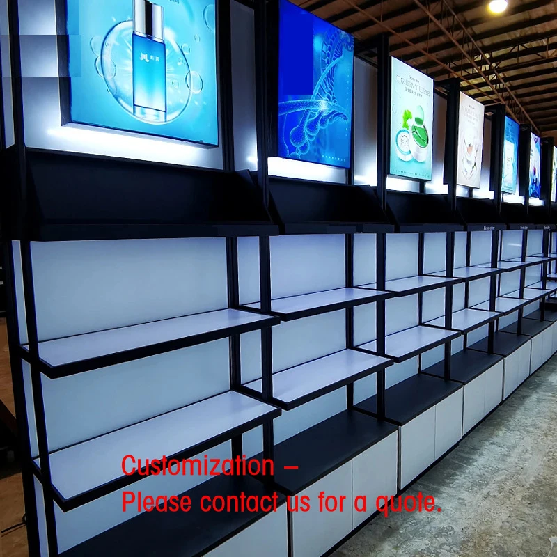 

custom.Premium Custom LED Lighting Display Cabinet Cosmetics Skincare Durable Iron Wood Solid Back Easy Clean Baking Paint Whole