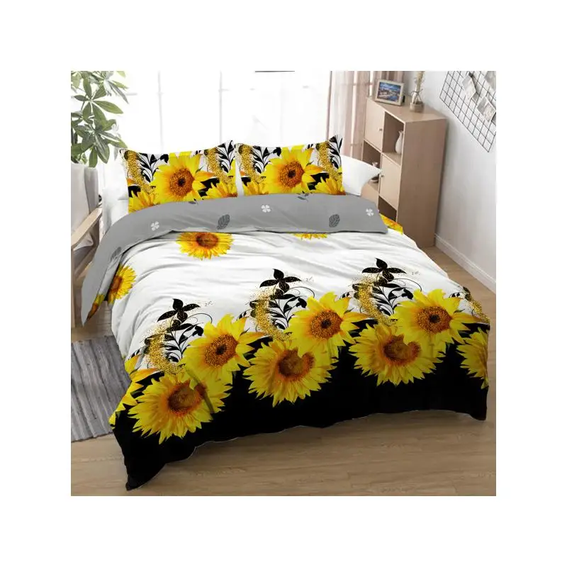 

3-х предметный комплект пододеяльников с черно-белым подсолнухом - полиэстеровое постельное белье с желтыми цветами для декора спальни для взрослых, размер королевы