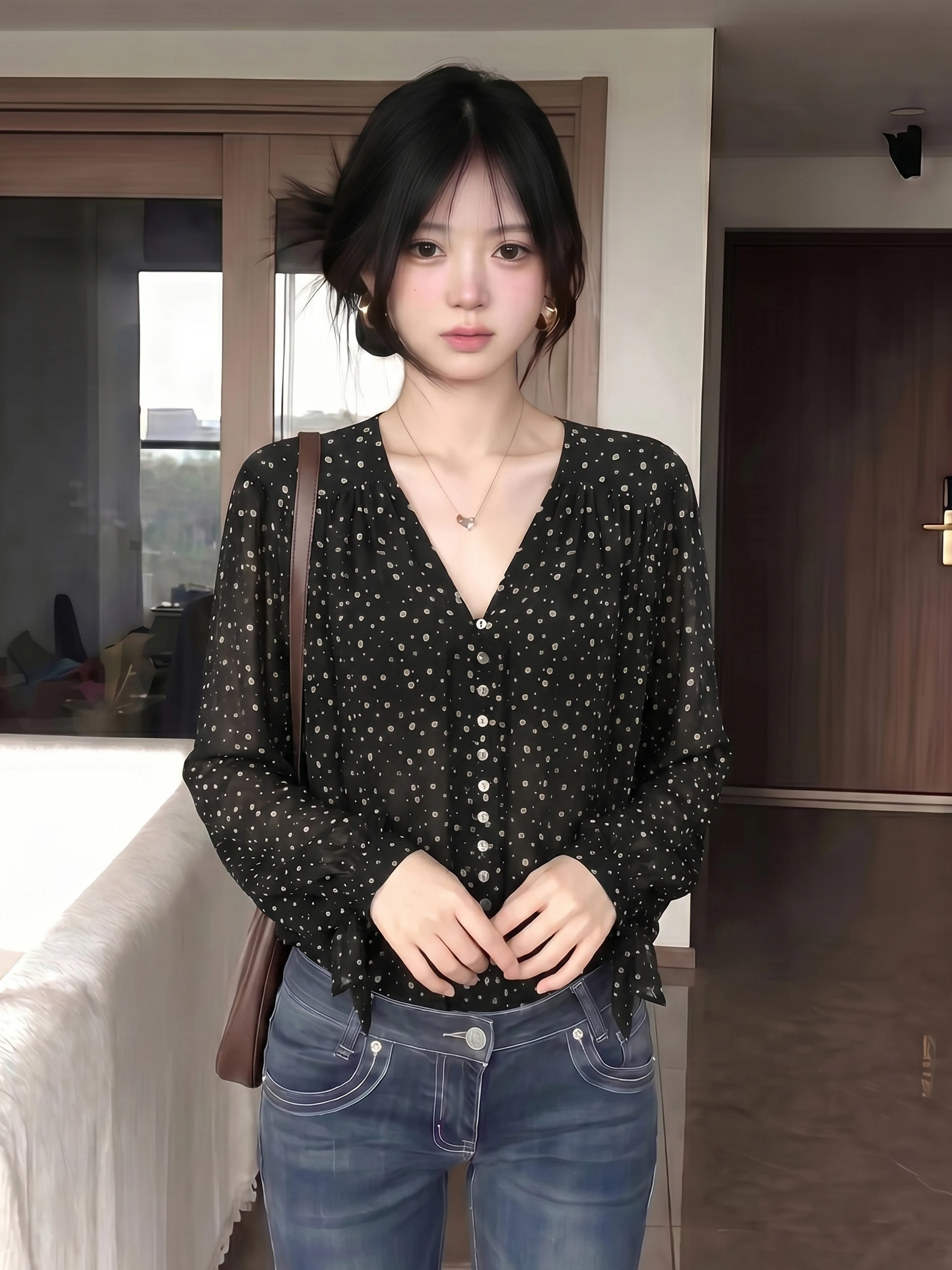 

Black Polka Dot Chiffon Shirt Women's Slimming V-Neck Long Sleeve Thin Transparent Style French Style Summer New Arrival
