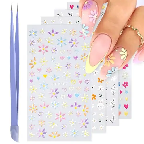 

2024 Colorful Cute Flower Nail Art Stickers 5D Embossed Nail Decals Nail Art Design Self Adhesive Nail Supplies for Women Girls