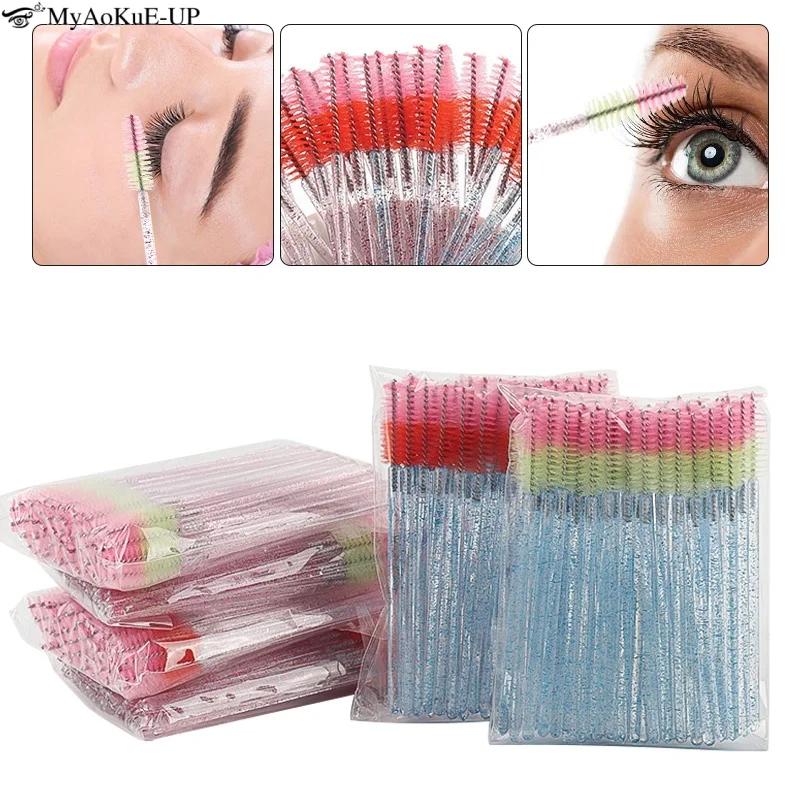 50 ชิ้นทิ้งขนตาแปรงแต่งหน้าคริสตัล Spoolies แปรง Lashes Extension Micro แปรงหวีคิ้วมาสคาร่า