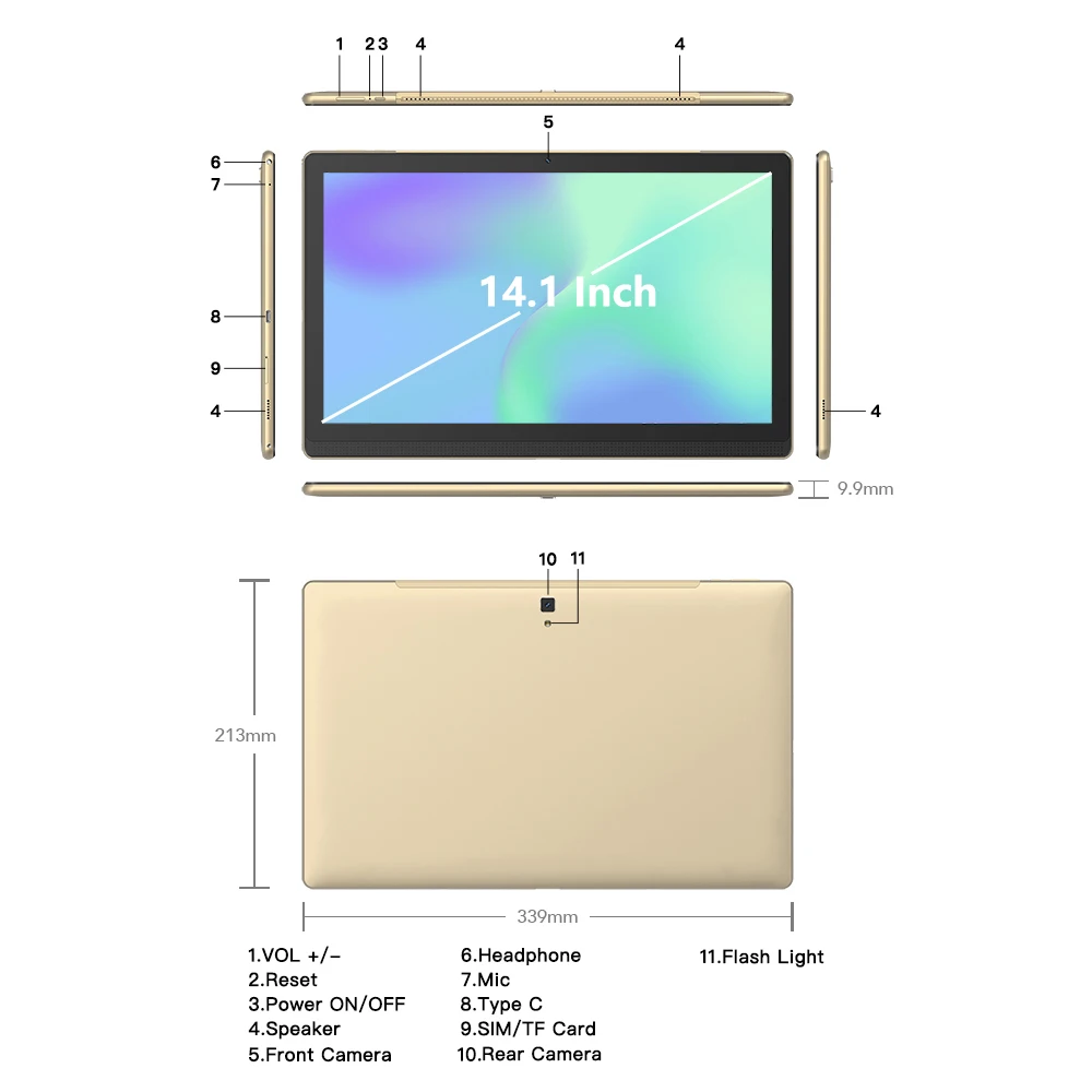 Global Language Google Play Certified Large Screen 14.1 Inch Tablet Pc 256GB Phone Call Bluetooth 5G WiFi Learning Game Pad