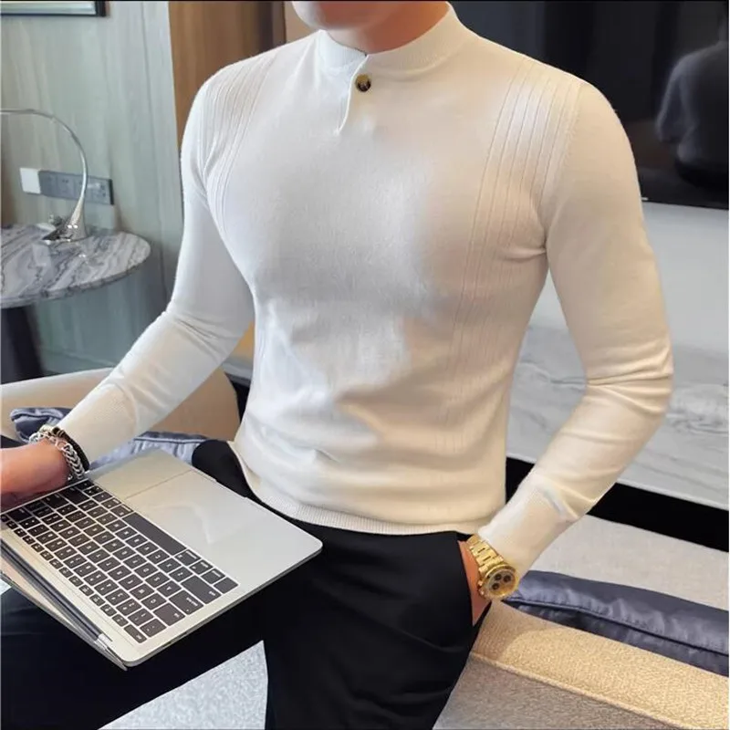 

Autumn Winter Men's Standing Collar Sweater Fashion Button Design Solid Slim Fit Knitwear Sweater Warm Stretch Casual Pullover
