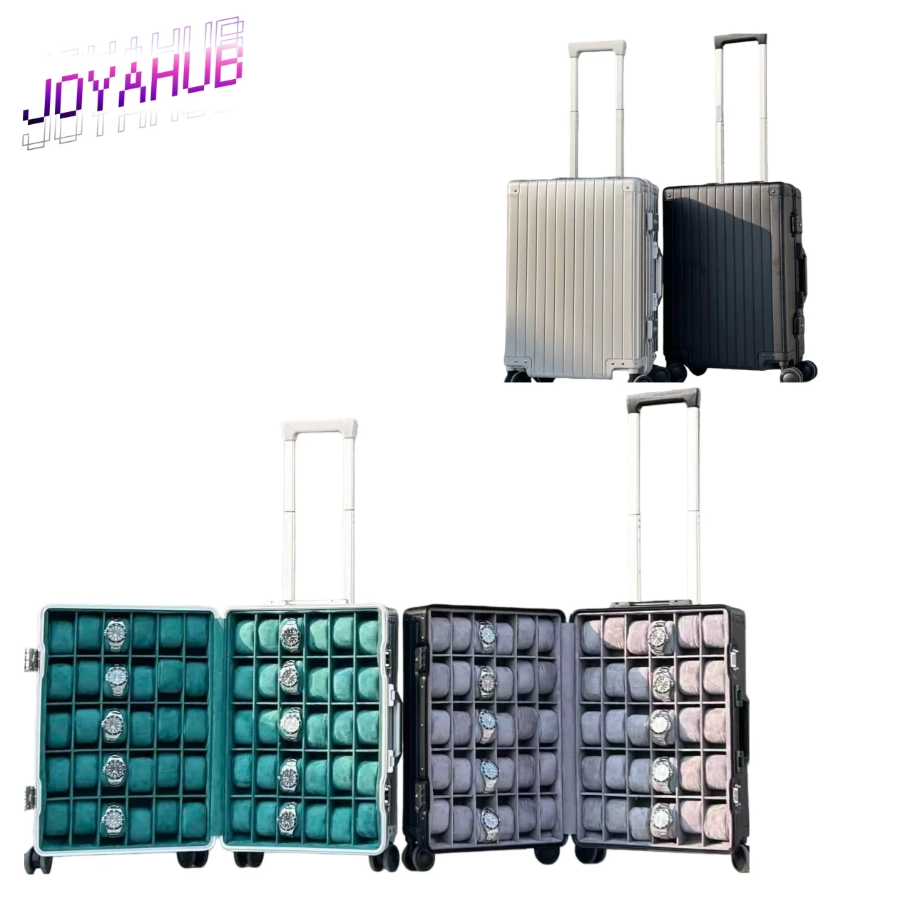 

Aluminum Magnesium Alloy Jewelry Luxury Portable 60SLOT Anti-collision Suitcase FREE CUSTOM LOGO Watch Display Storage Box OEM