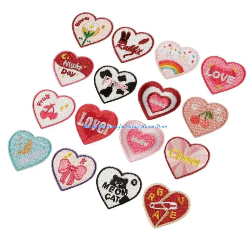 E56A 16pack Unique Heart Patches Luxurious Embroidery Patches Personality Appliques for Creative Projects