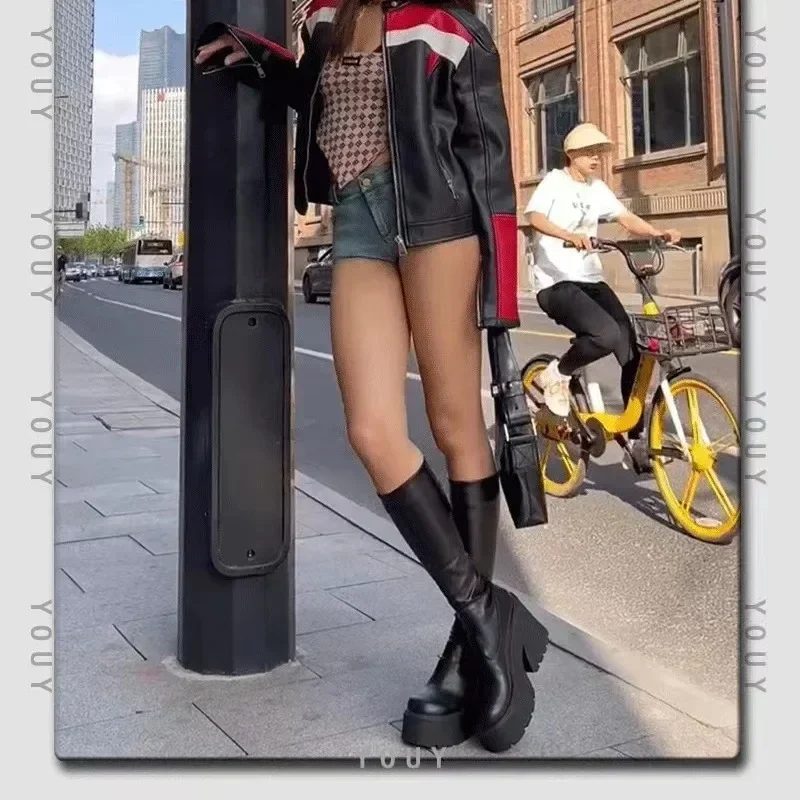 Women Boots Brand Gothic Boot for Womens Sexy Chunky Platform Soft Leather Long Boots Walking Comfy Sole Boots Women