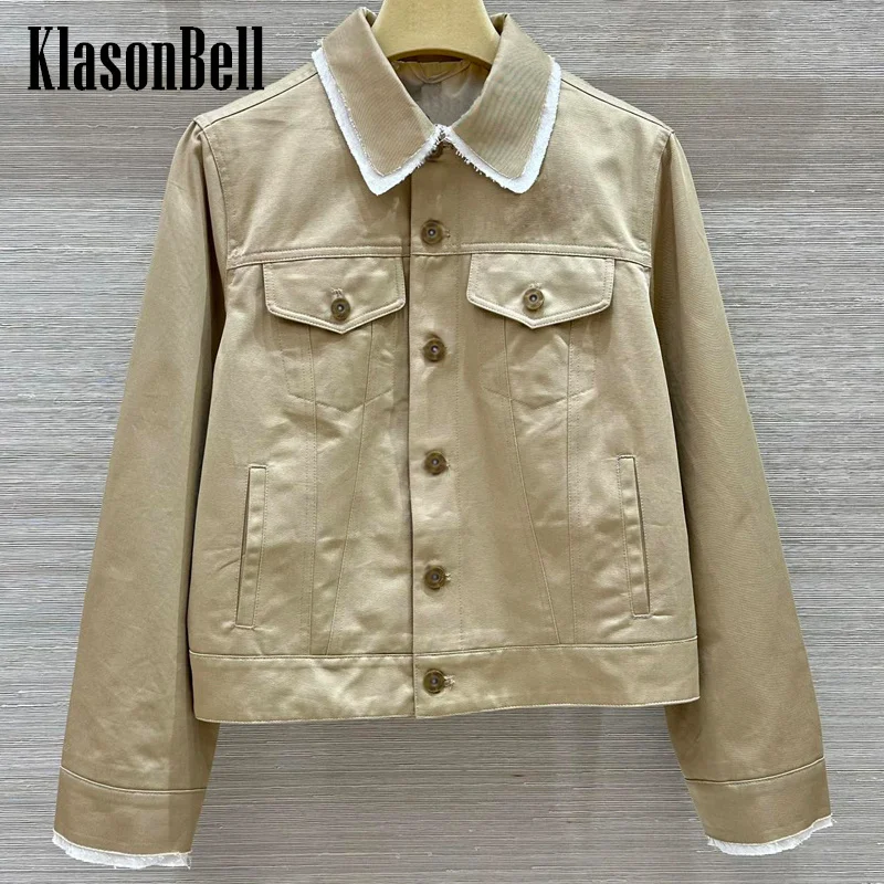 

7.26 KlasonBell Women Fashion Contrast Color Spliced Lapel Frayed Design Cargo Jacket Letter Embroidery Single Breasted Coat