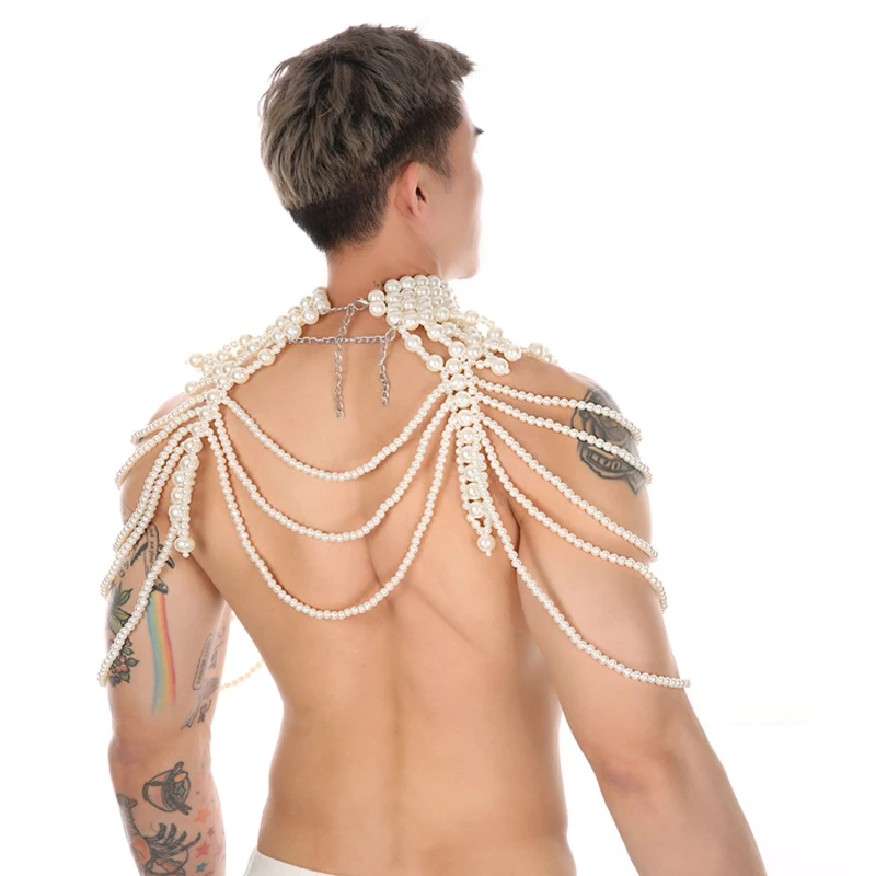Herren-Umhang für Performance-Kostüme, handgefertigt, mit weißen Perlen, Rollkragen-Oberteil, Sommer-Mantel, schwarzer rückenfreier Umhang, Herrenbekleidung – Detail 10