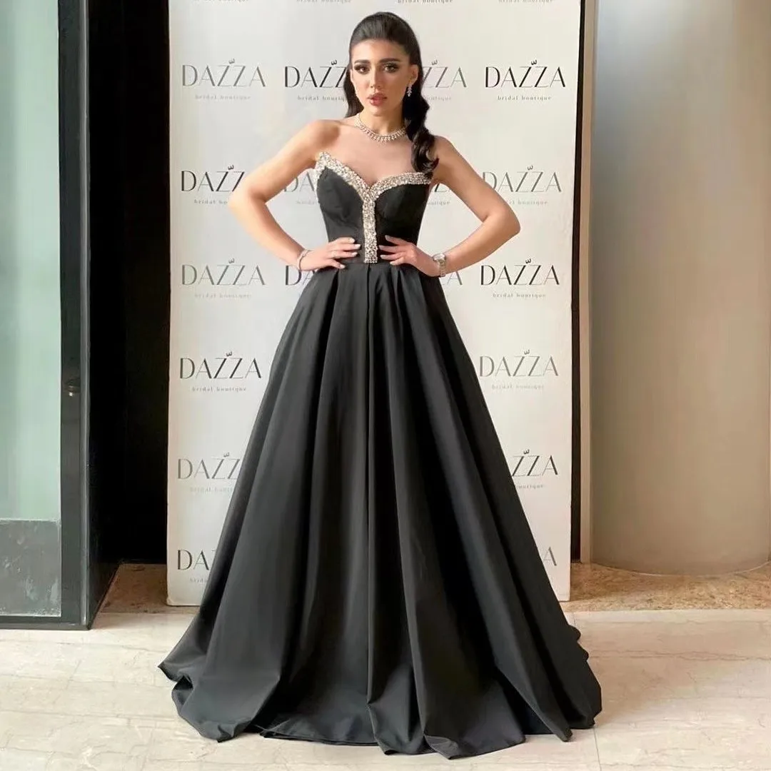 

Fashionvane Formal Party Women Wear Black Satin Evening Dresses Crystal Sweetheart Prom Dress Long Ruched A Line Bride Weddings