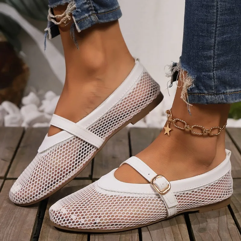Round head one buckle strap ballet shoes women's soft bottom flat hollow Mary Jane single fishing net shoes image 4