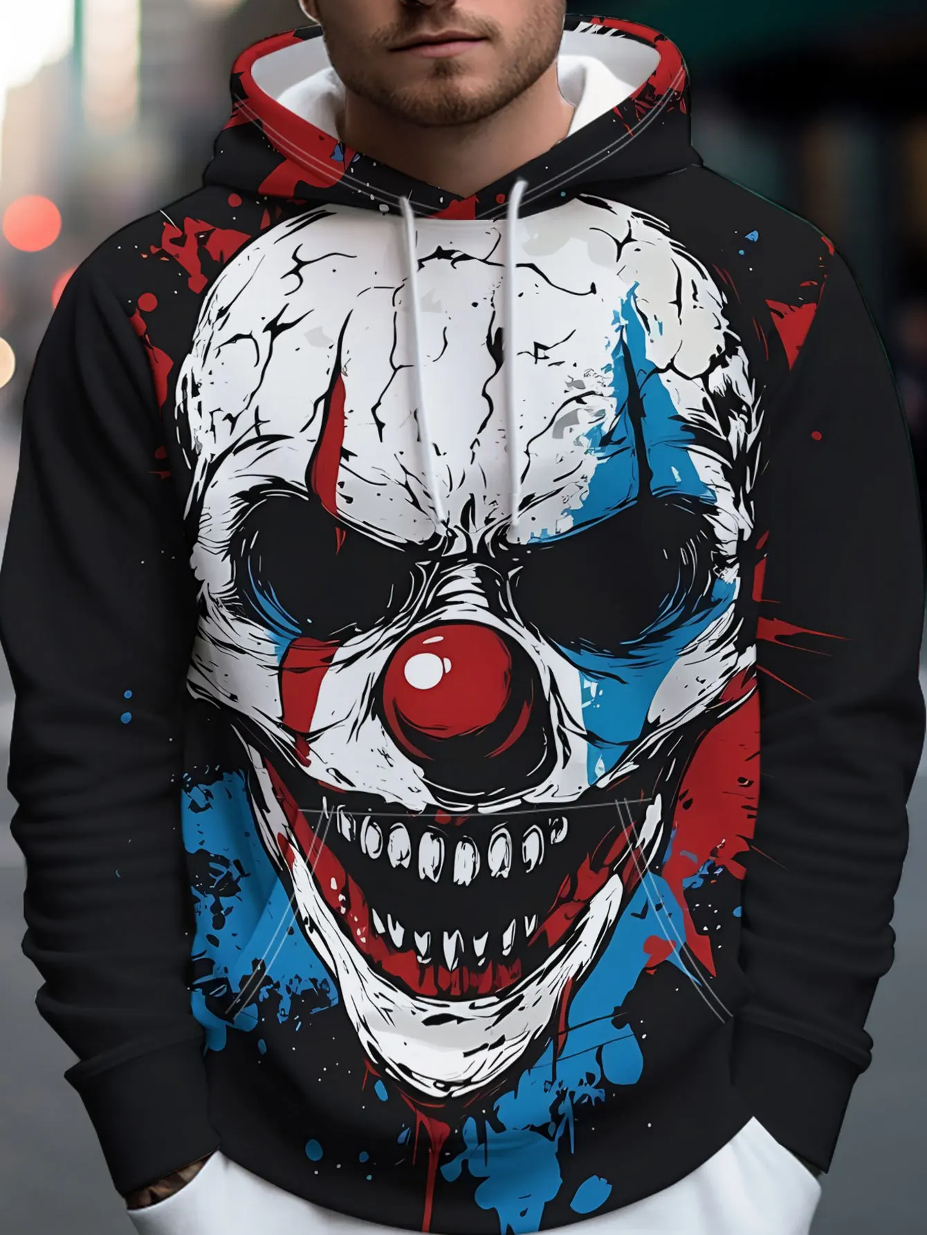 New Men’s Autumn/Winter Hooded Sweatshirt – Halloween-Themed, Street-Style, Trendy, Casual, and Edgy (Clown Design)