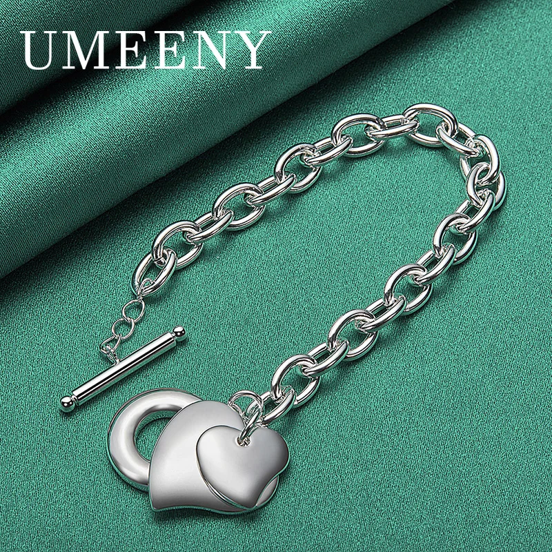 

Simple 925 Sterling Silver 8 Inch Beautiful Double Heart Bracelet Women Wedding Jewelry Engagement