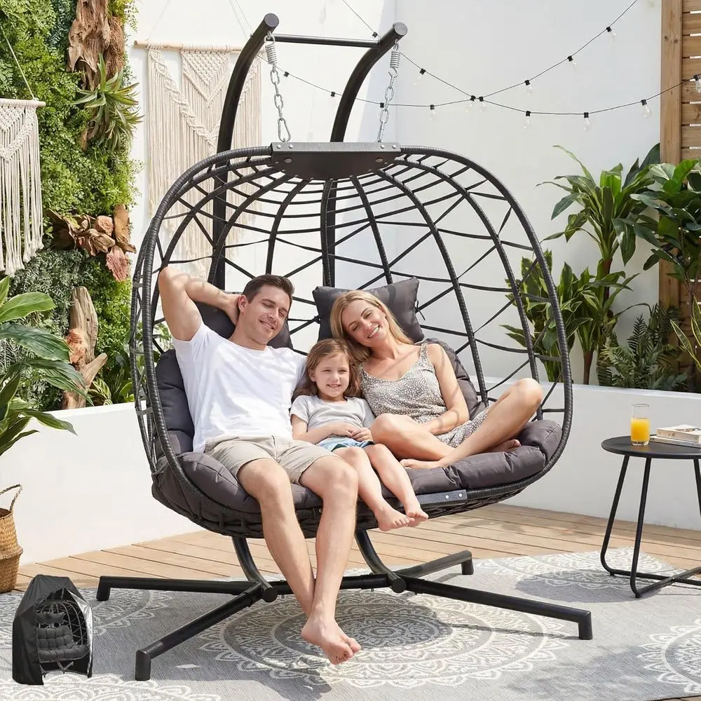 

Большое двойное подвесное кресло-яйцо со стойкой, уличное/домашнее кресло-качели с подушкой, серый чехол в комплекте