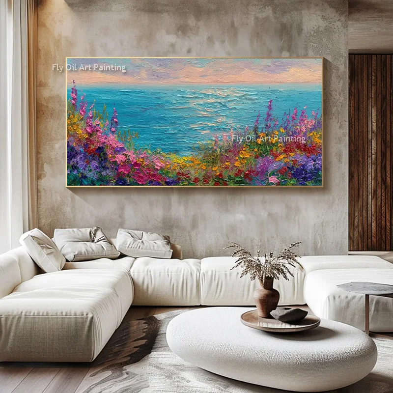 Hand Painted Coastal Wildflower Oil Painting, Thick Palette Knife Textured Canvas Wall Art, Seaside Floral Living Room Decor
