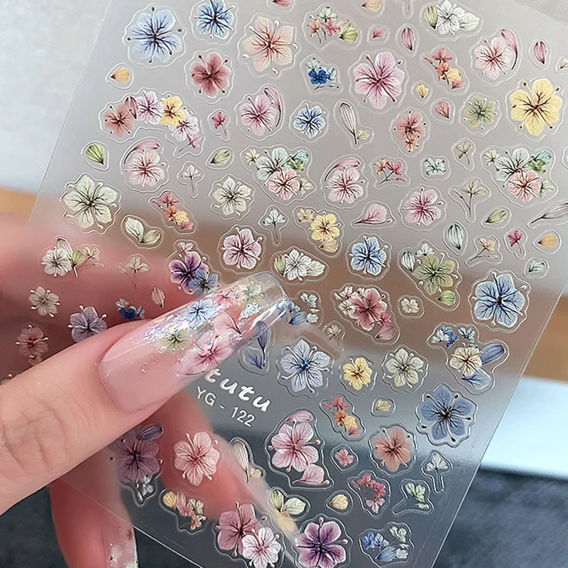 5D ฤดูใบไม้ผลิดอกไม้สติกเกอร์เล็บ Daisy กลีบสีสันนูนกาวสติ๊กเกอร์ Kawaii ดอกไม้เล็บ Charms Sliders ตกแต่ง DIY