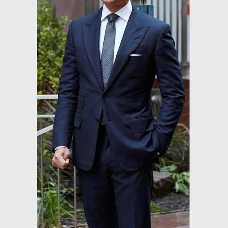 

2024 Men Suit Blazer Blue Chic Full Set Single Breasted Peak Lapel Elegant Costume Slim Fit Business 2 Piece Jacket Pants Set