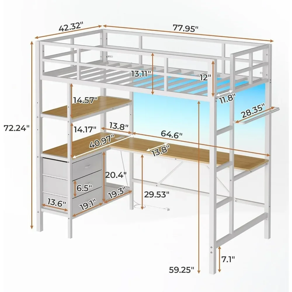 Loft Bed with L-Shaped Desk, LED Lights,Charging Station LED Loft Metal Bed Frame Twin Size with 3 Storage Shelves