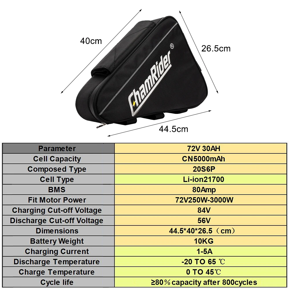 ChamRider 48V45AH 50AH 48AH Ebike Battery Cell Triangle 30AH Huge Capacity 1000W 1500W 2000W 3000W Super Powerful 21700 Bafang