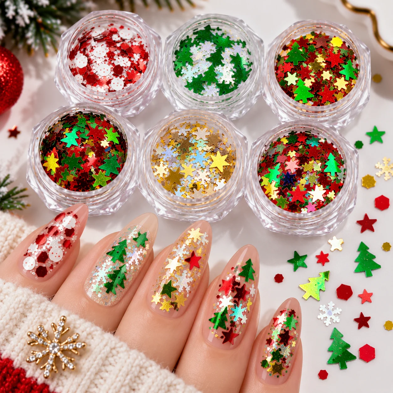 Christmas Nail Art Glitter Sequins Charms Mixed Snowflake Star Tree Confetti Holographic Paillette Flakes Xmas Nail Decoration