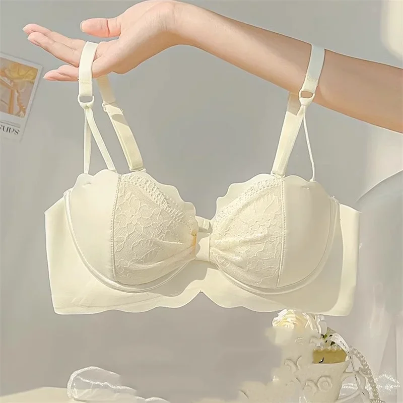 Reggiseno a mezza coppa in pizzo per donna con seni piccoli che mostra un set di reggiseno push-up sexy anti-cedimento con coppia grande e chiusa