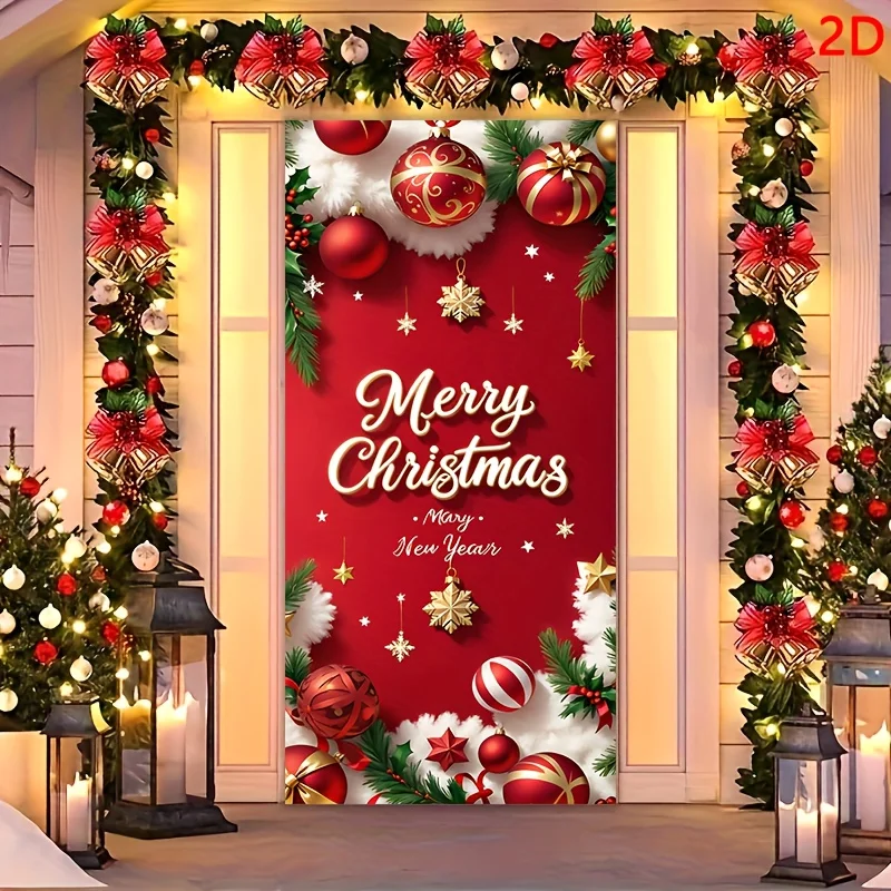 2D-Flugzeug, 2D-Türbanner, Weihnachts- und Neujahrs-Türvorhang mit doppelter Feier in Rot und Gold verziert, fröhlicher Weihnachts-Türvorhang