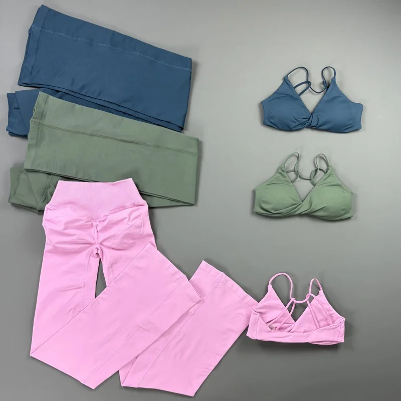 Seamless Cross Waist Flare Leggings Set Women Halter Neck Yo