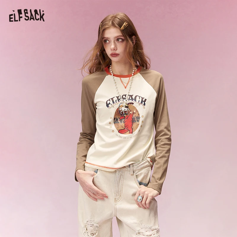 

ELFSACK Vintage Preppy Long Sleeve T-Shirt with Contrast Sleeves, Printed Fitted Tee for Casual Outfit