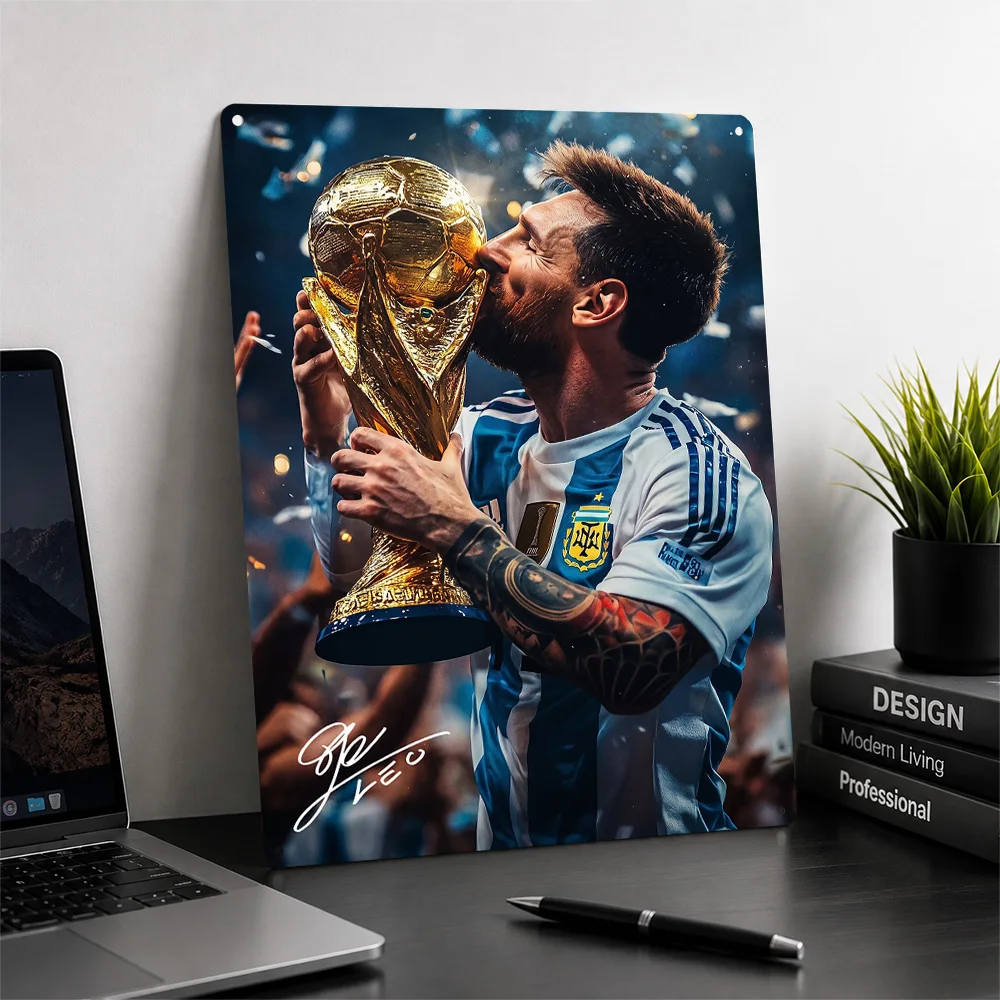 Lionel Messi Kissing Trophy 3D Printed Texture Poster Personalized Wall Art Retro Metal Tin Signs for Decoration Room Wand Deko