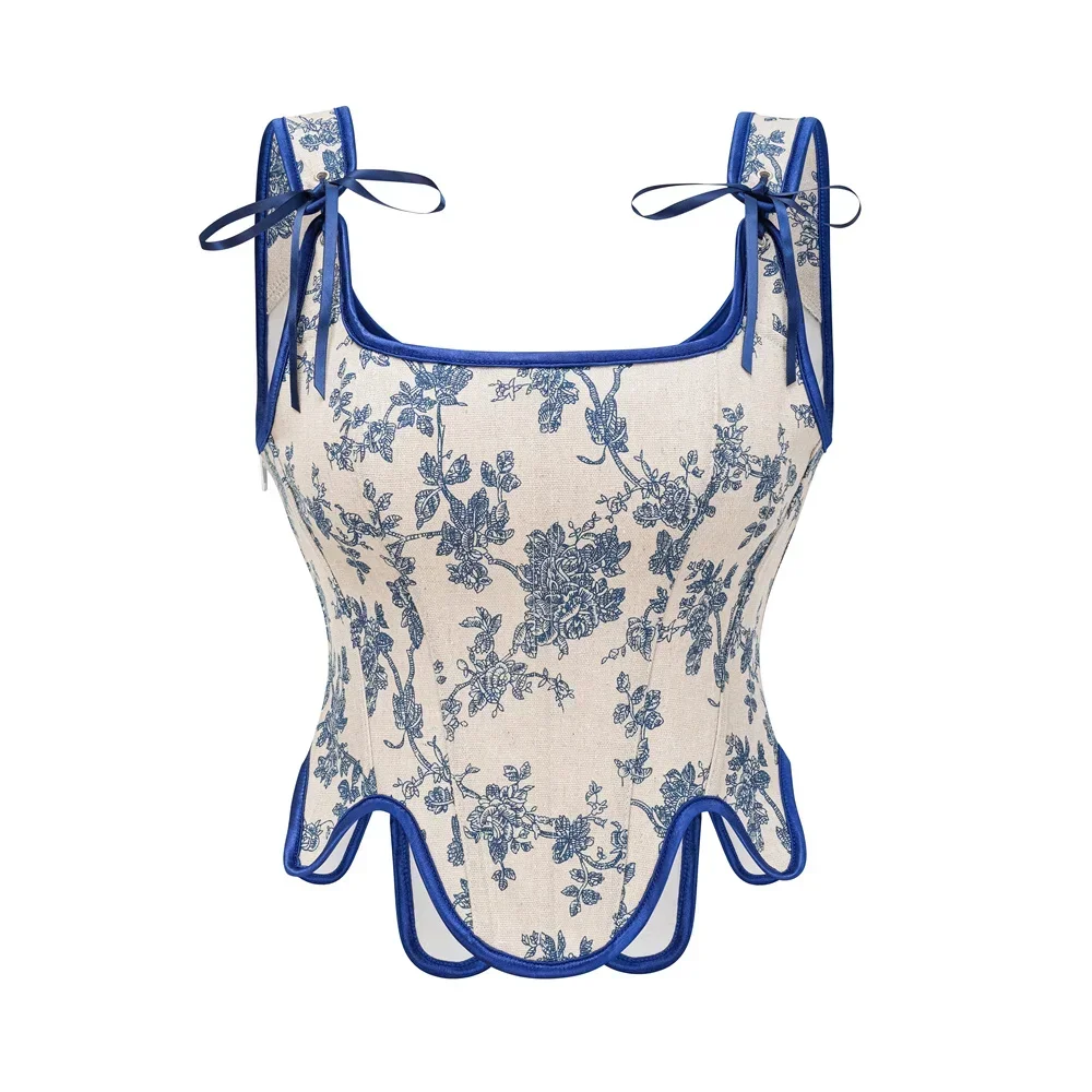 

Женские средневековые ретро синие корсеты с цветочным принтом, корсеты, топы, формирователь тела, нижнее белье с боковой молнией, сексуальный плечевой ремень, бюстье, жилет