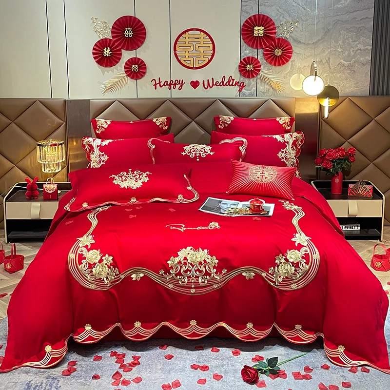 Modern Art Gold Embroidery Bedding Set Luxury Red Egyptian Cotton Wedding Duvet/Quilt Cover Bed Sheet Pillow Shams Bedclothes