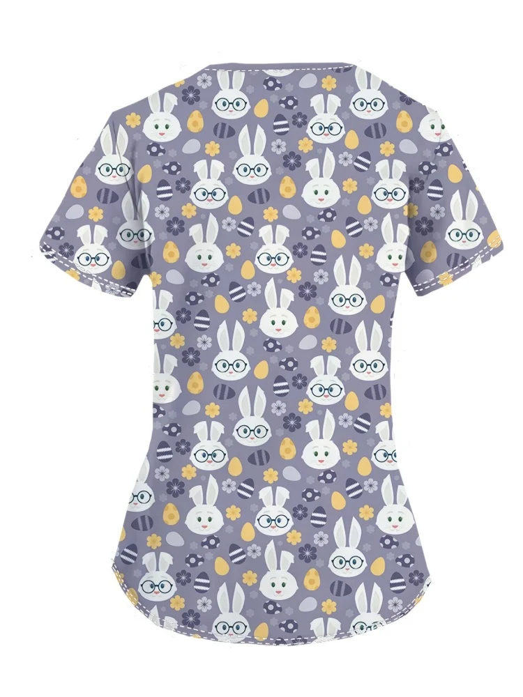 Easter Scrubs Uniform Woman Fashion Bunny Print V-Neck Vet Clinical Uniform Summer Short Sleeve with Pocket Nurse Uniform Woman